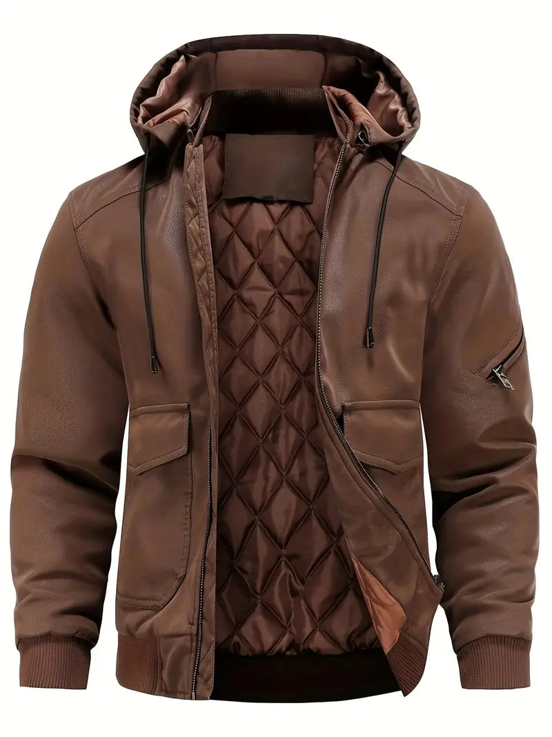 Hugo - Men's Leather Winter Jacket with Hood 