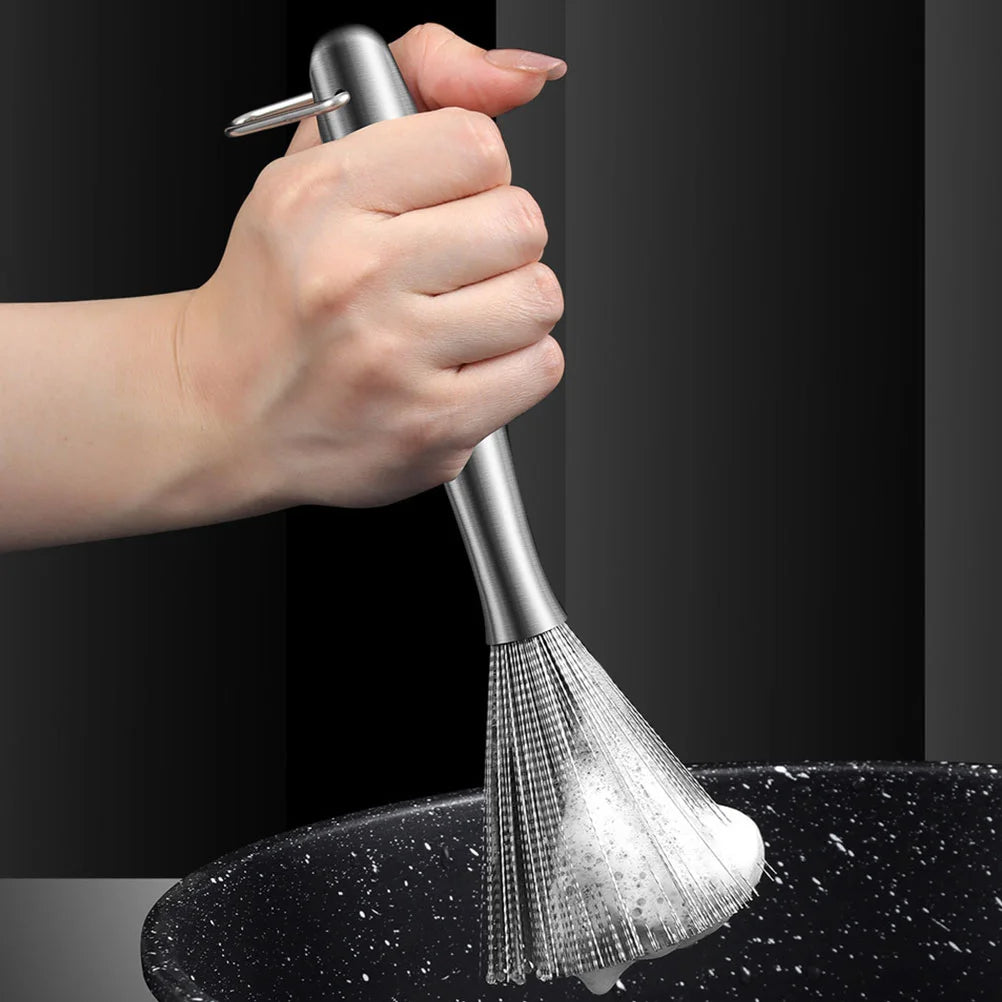 Stainless steel pan brush with a long handle