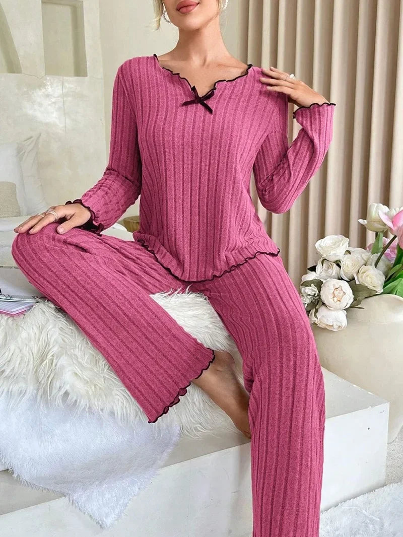 ChicComfort™ – Damen Herbst-Winter Ribbed Pyjama-Set