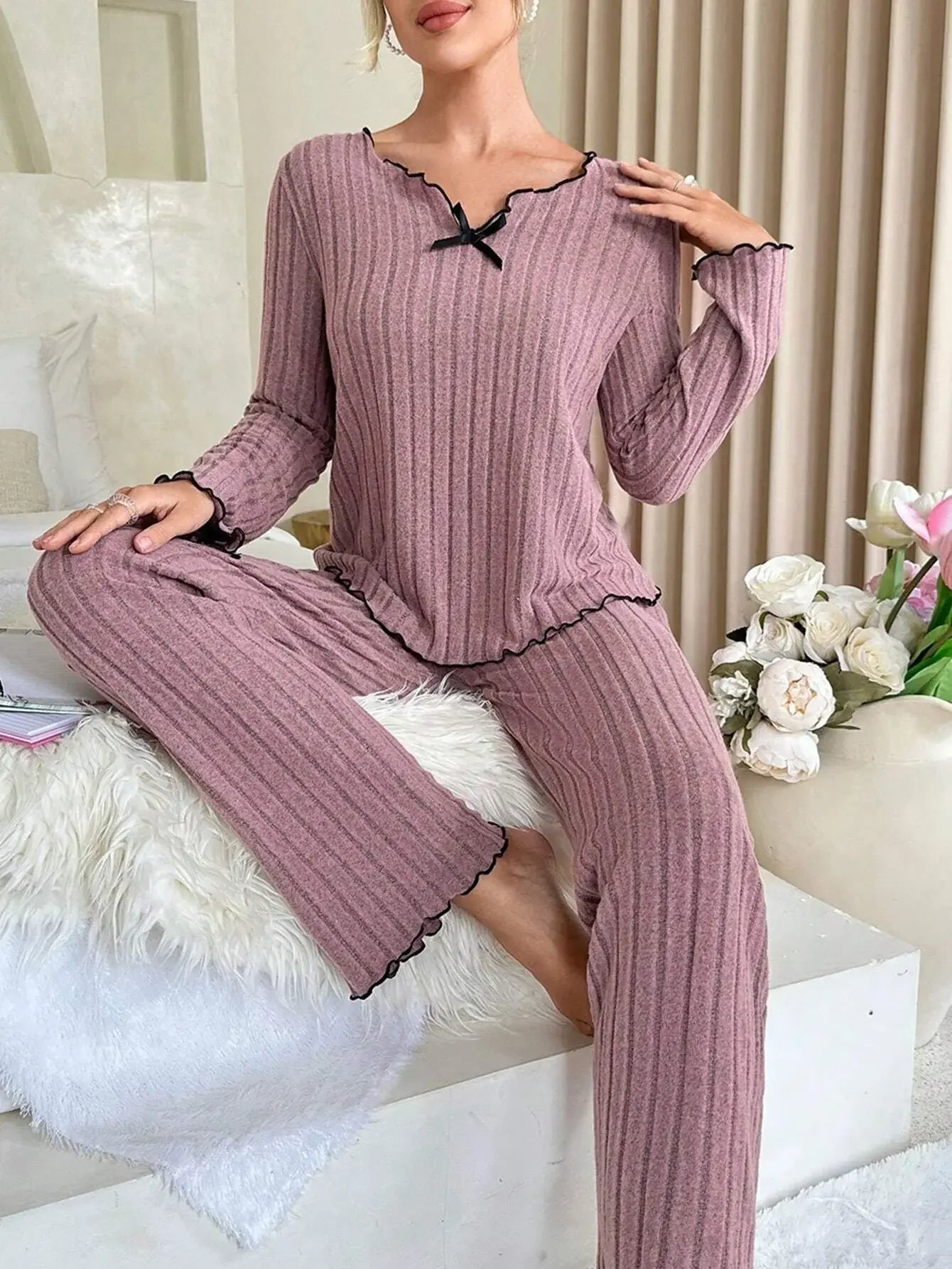 ChicComfort™ – Damen Herbst-Winter Ribbed Pyjama-Set