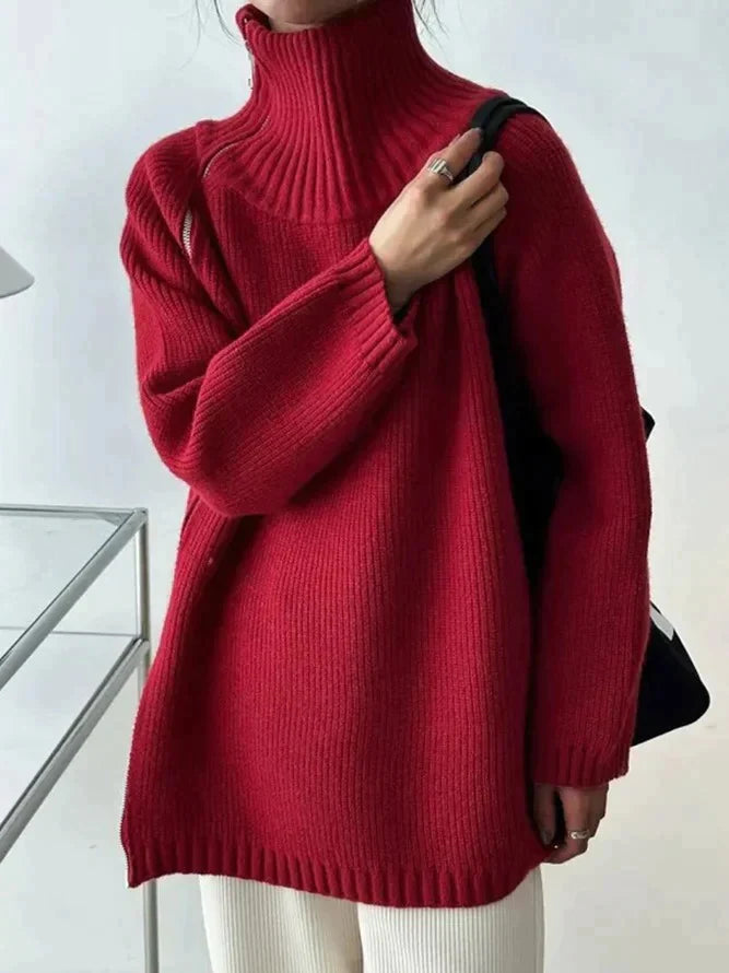 Scarlet™ - Red solid color high neck sweater 