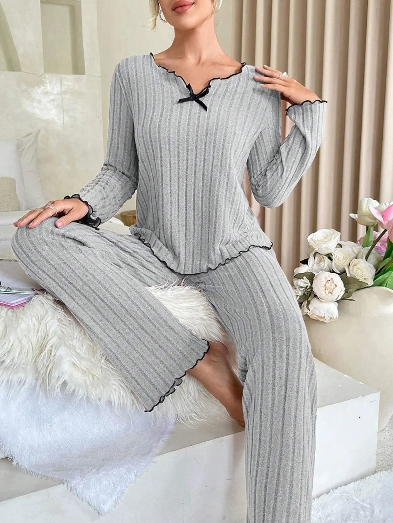 ChicComfort™ – Damen Herbst-Winter Ribbed Pyjama-Set