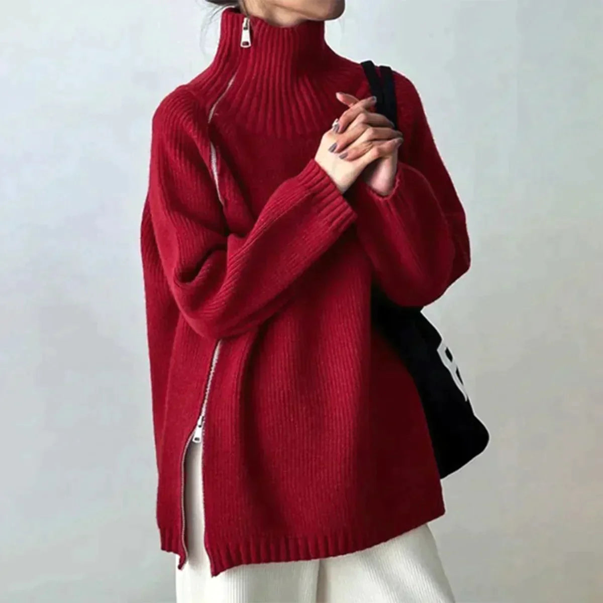 Scarlet™ - Red solid color high neck sweater 