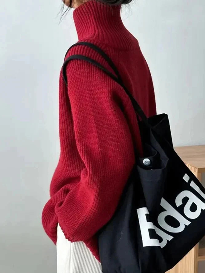 Scarlet™ - Red solid color high neck sweater 