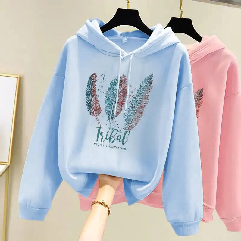 Loose hoodies with feather print