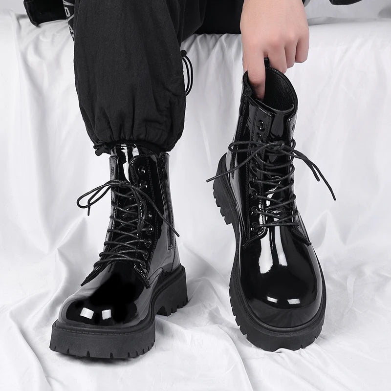 Luxe Black Patent Leather Men's Platform Boots 