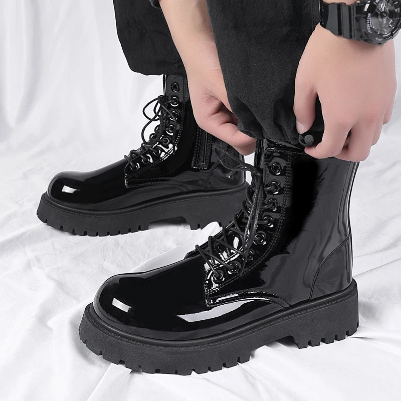 Luxe Black Patent Leather Men's Platform Boots 