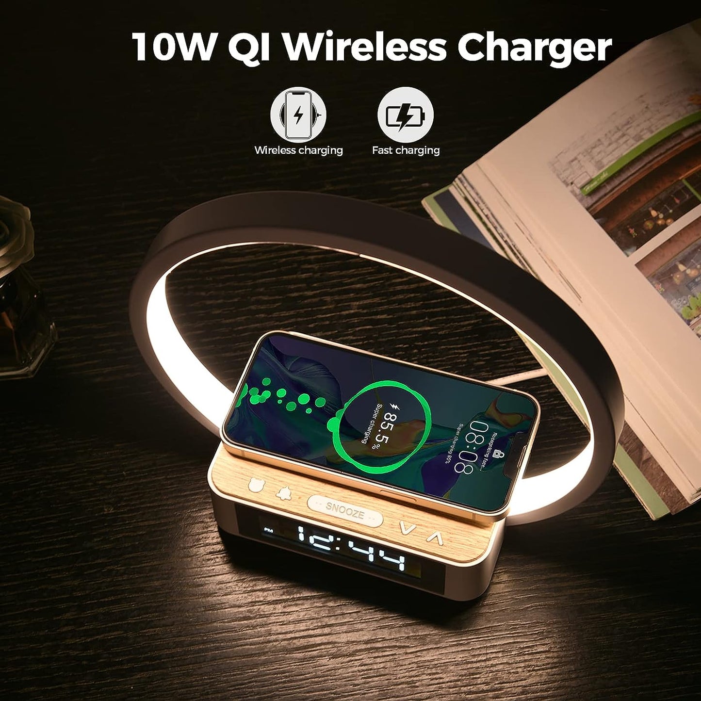 LED wireless cell phone charger with alarm clock