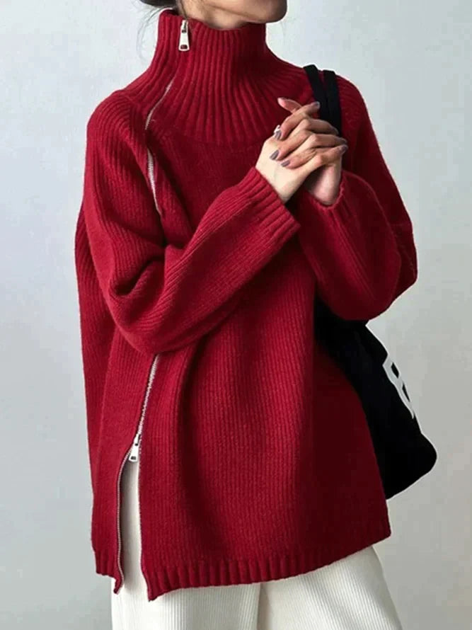 Scarlet™ - Red solid color high neck sweater 