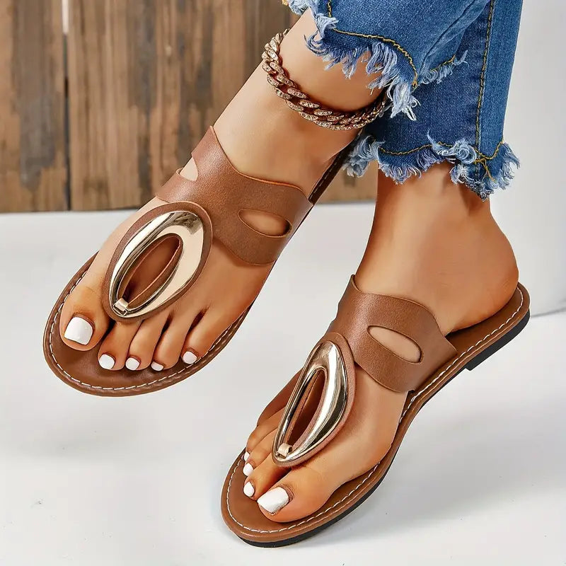 Natasja - Metallic Buckle Detail Lightweight Soft Sole Sldies [Last Day Discount] 