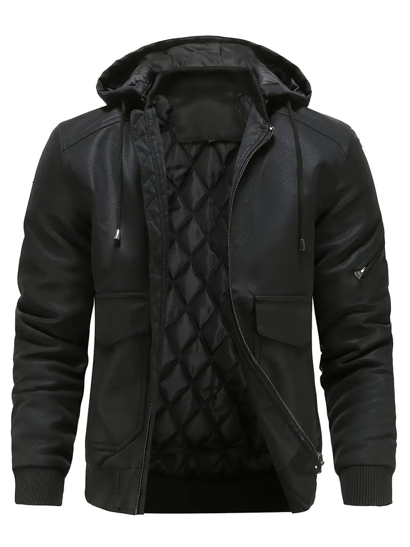 Hugo - Men's Leather Winter Jacket with Hood 