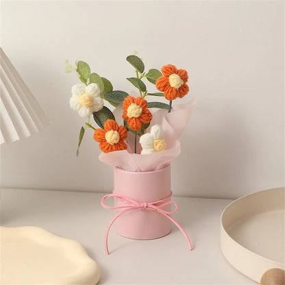 Knitted flowers puff bucket bouquet