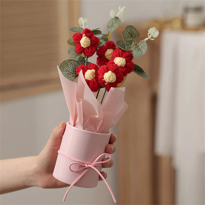 Knitted flowers puff bucket bouquet