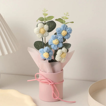 Knitted flowers puff bucket bouquet