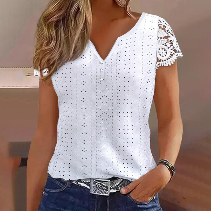 (50% off) Kamina™ - Charming White Summer Top with Lace Sleeves and V-Neck [Last Day Discount] 