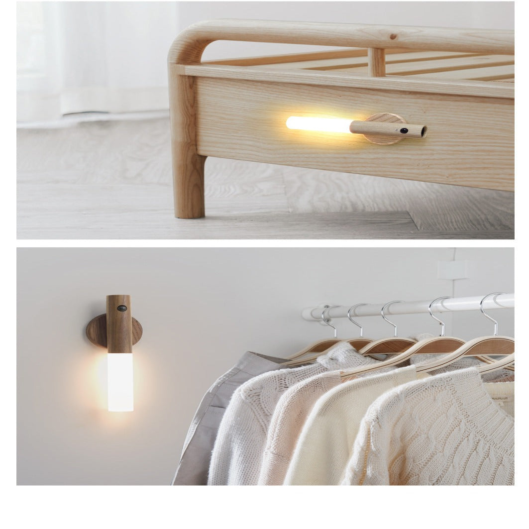 Magnetic, rechargeable wooden wall light